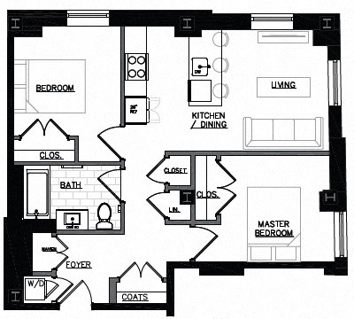 Floor plan for 2 beds, 1 bath, 850 sqft